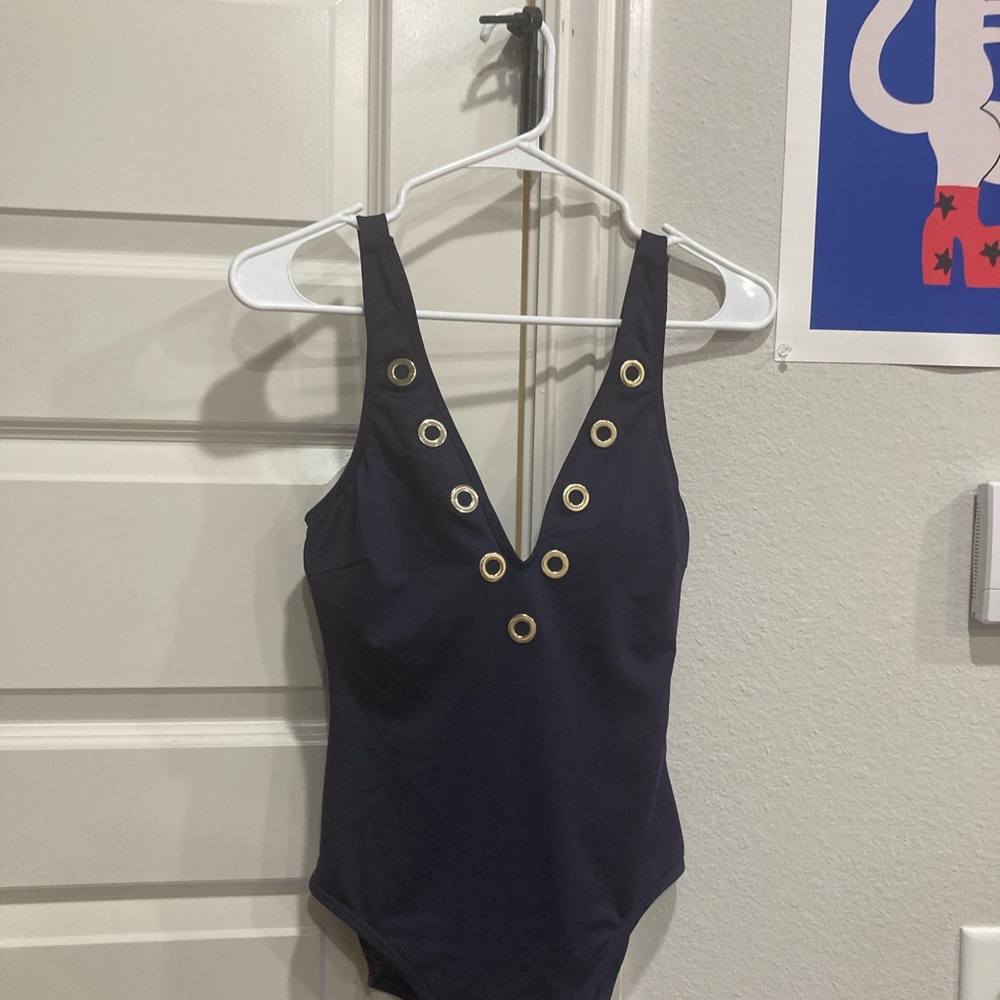 MICHAEL Michael Kors Blue One Piece Swimsuit with Grommet V-Neck